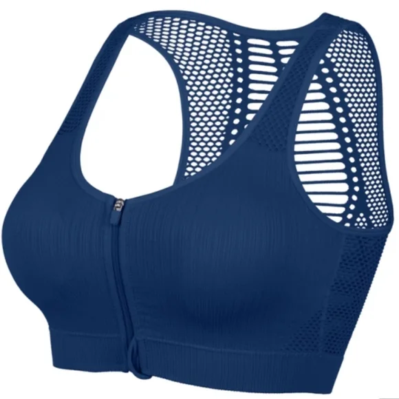 Women's Navy Mesh Padded Zipper Sports Bra - Picture 1 of 5
